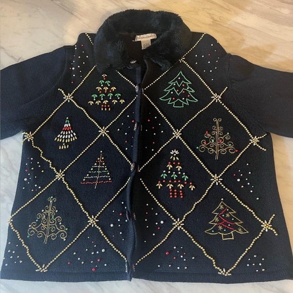 Dealers & Damons Vintage Faux Fur Collar Christmas Button Cardigan Beaded Size L - Picture 7 of 9